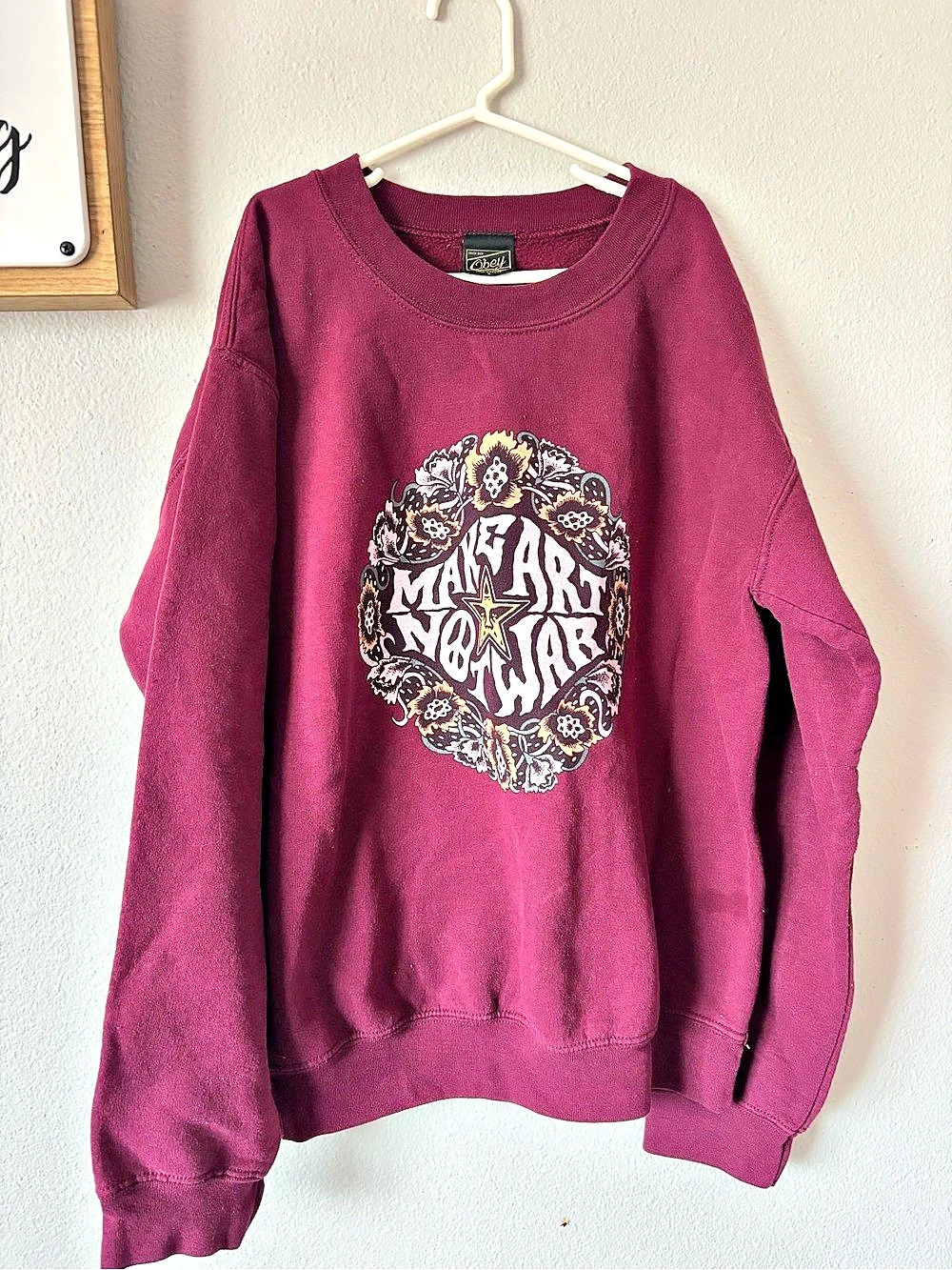 Obey Make Art Not War Crewneck Sweatshirt Graphic Crewneck Sweatshirt in Purple
